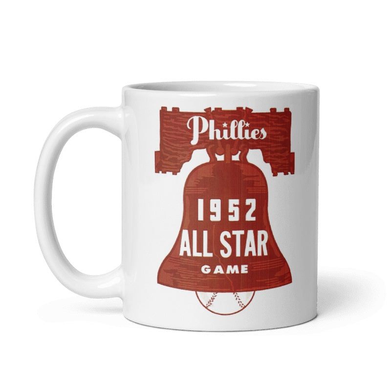 '52 Philadelphia All Star Game commemorative cream ceramic mug, 11oz and 15oz sizes, featuring iconic players, microwave and dishwasher safe.