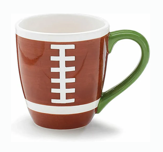 Ceramic graphic football mug with handle, 14oz, microwave and dishwasher safe.