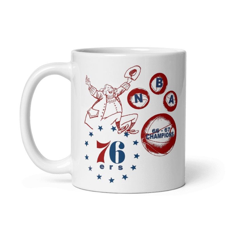 Philadelphia 76ers 66-67 Champs Mug, commemorative ceramic, 11oz and 15oz, cream color, featuring team graphics.