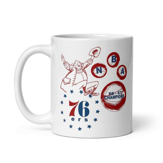 Philadelphia 76ers 66-67 Champs Mug, commemorative ceramic, 11oz and 15oz, cream color, featuring team graphics.