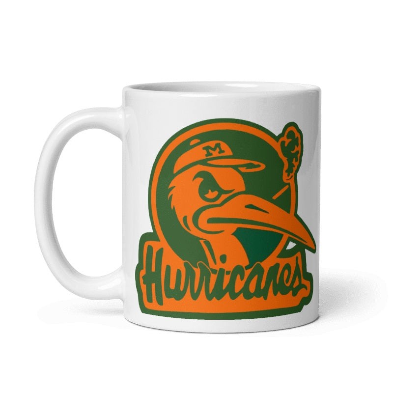 Miami Hurricanes '69 Booster Club ceramic mug in cream color with vintage design.