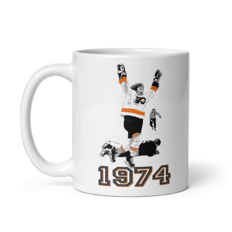 Philadelphia Flyers '74 Champs ceramic mug with iconic celebration design, featuring Bobby Clarke, in cream color.