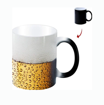 Ceramic mug with heat-activated beer graphic design, 12oz size.