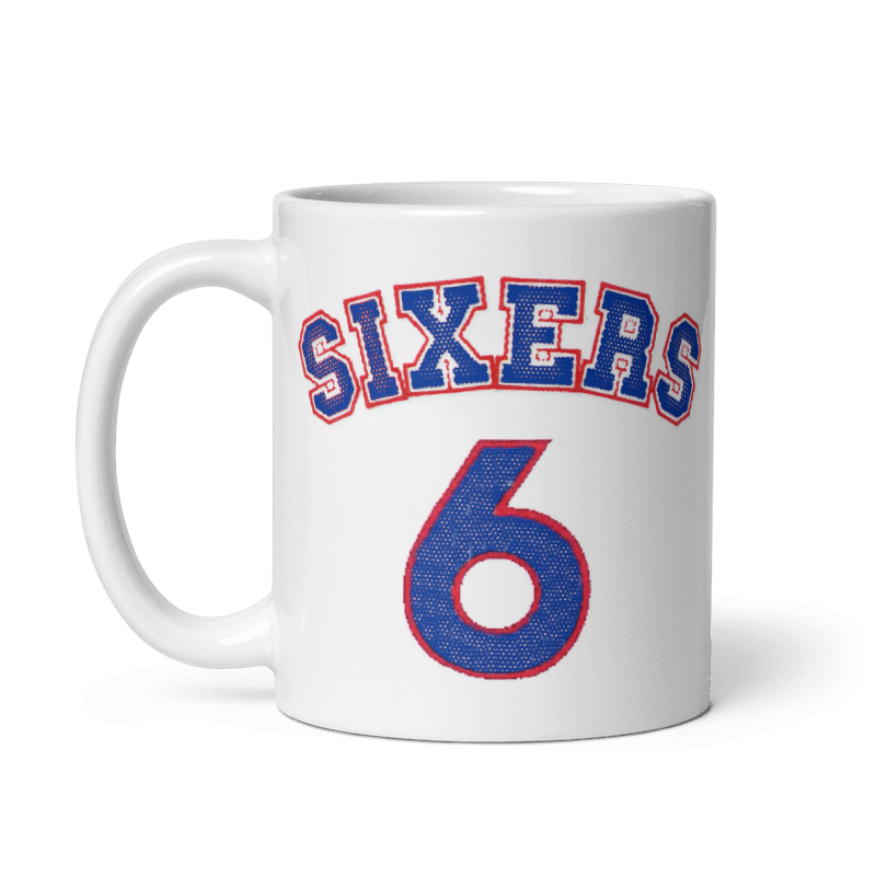 Cream Julius Erving 76ers jersey mug in ceramic, available in 11oz and 15oz sizes.