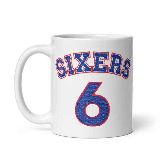 Cream Julius Erving 76ers jersey mug in ceramic, available in 11oz and 15oz sizes.