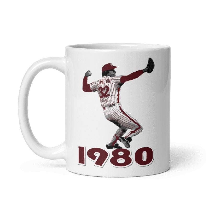 Steve Carlton 1980 Champs ceramic mug with baseball player graphic.