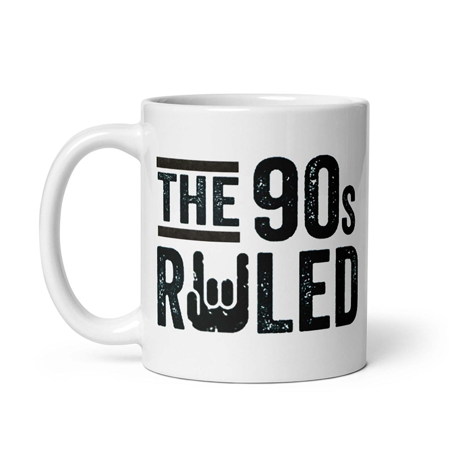 90s themed ceramic mug with "The 90s Ruled" design, cream color, microwave and dishwasher safe, available in 11oz and 15oz sizes.