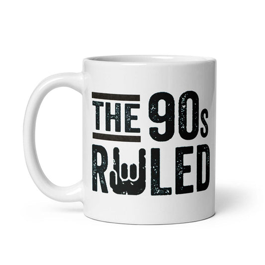90s themed ceramic mug with "The 90s Ruled" design, cream color, microwave and dishwasher safe, available in 11oz and 15oz sizes.