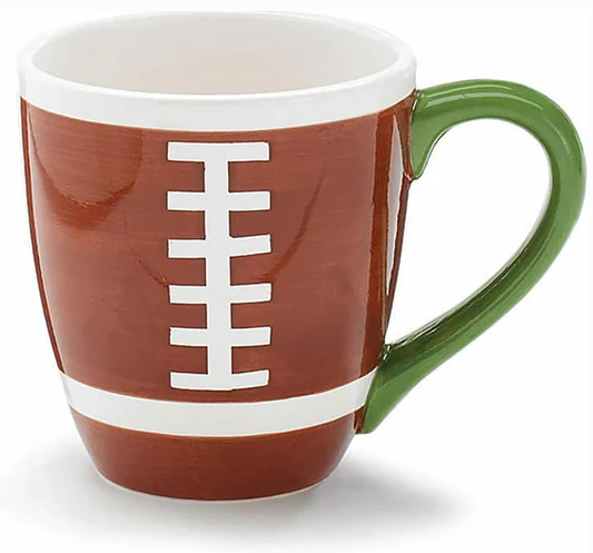 Ceramic graphic football mug with green handle, 14oz, microwave and dishwasher safe.