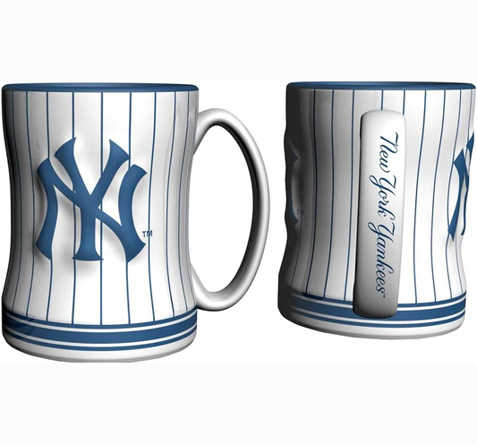 NY Yankees sculptured ceramic mug with logo and pinstripes, 14oz, microwave and dishwasher safe.
