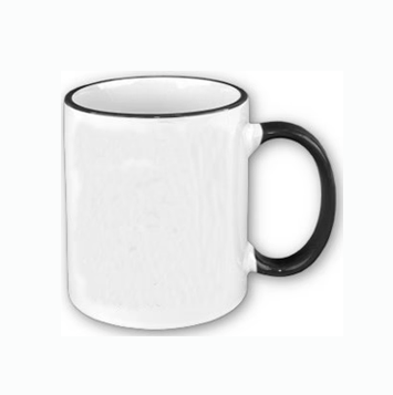 Customizable white ceramic mug with black accent handle, ideal for personalized designs.