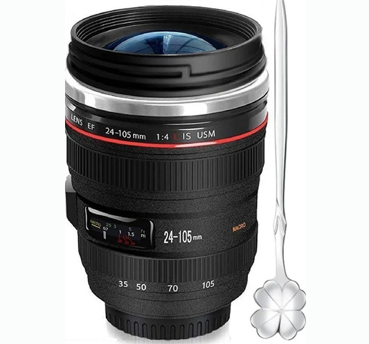 Faux Photo Lens Thermos Mug shaped like a camera lens with steel and hard plastic design.
