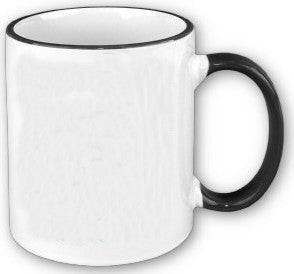 White ceramic mug with black accent handle, customizable for a personal touch.