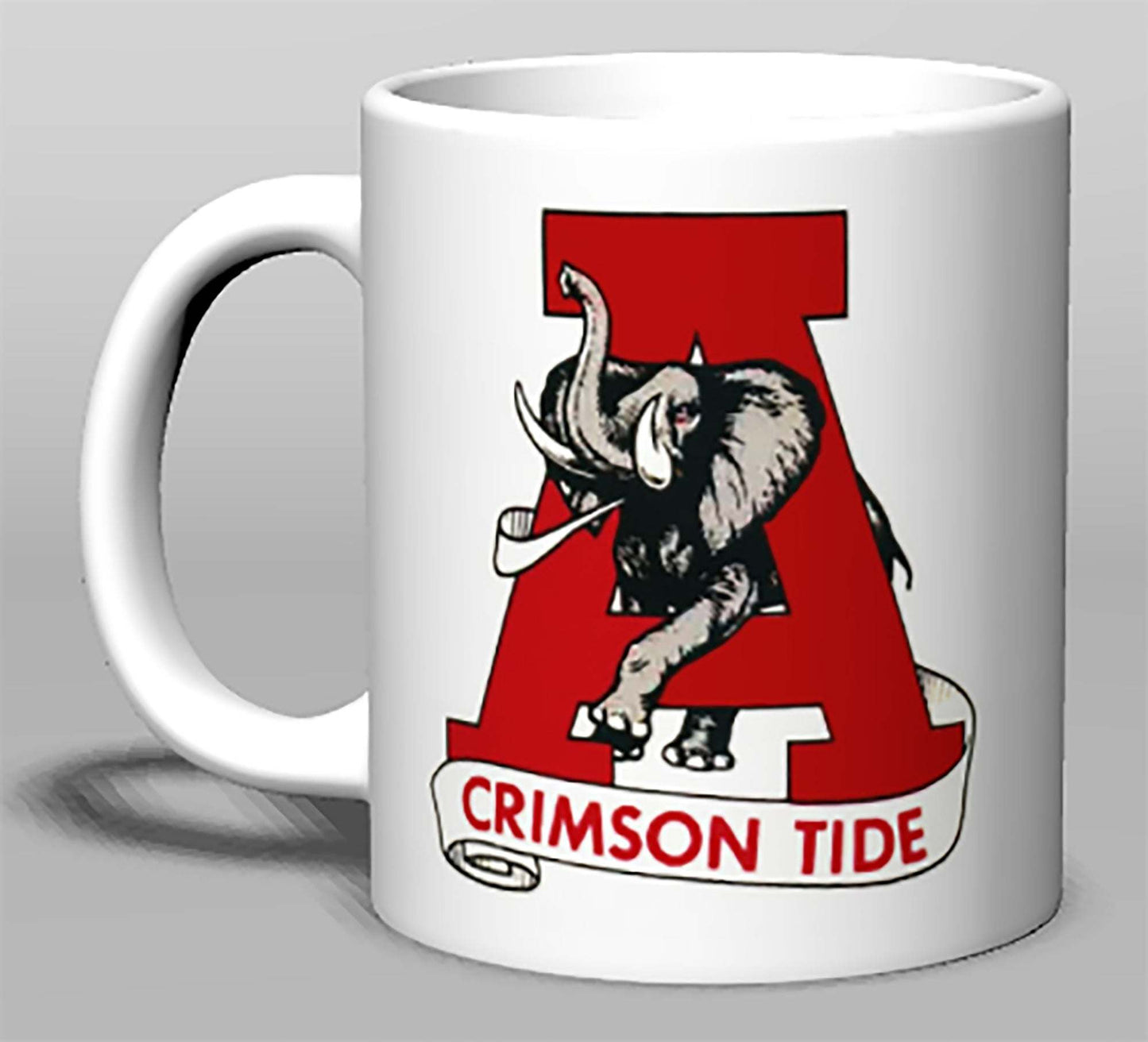 Alabama Crimson Tide ceramic mug with elephant design, cream color.