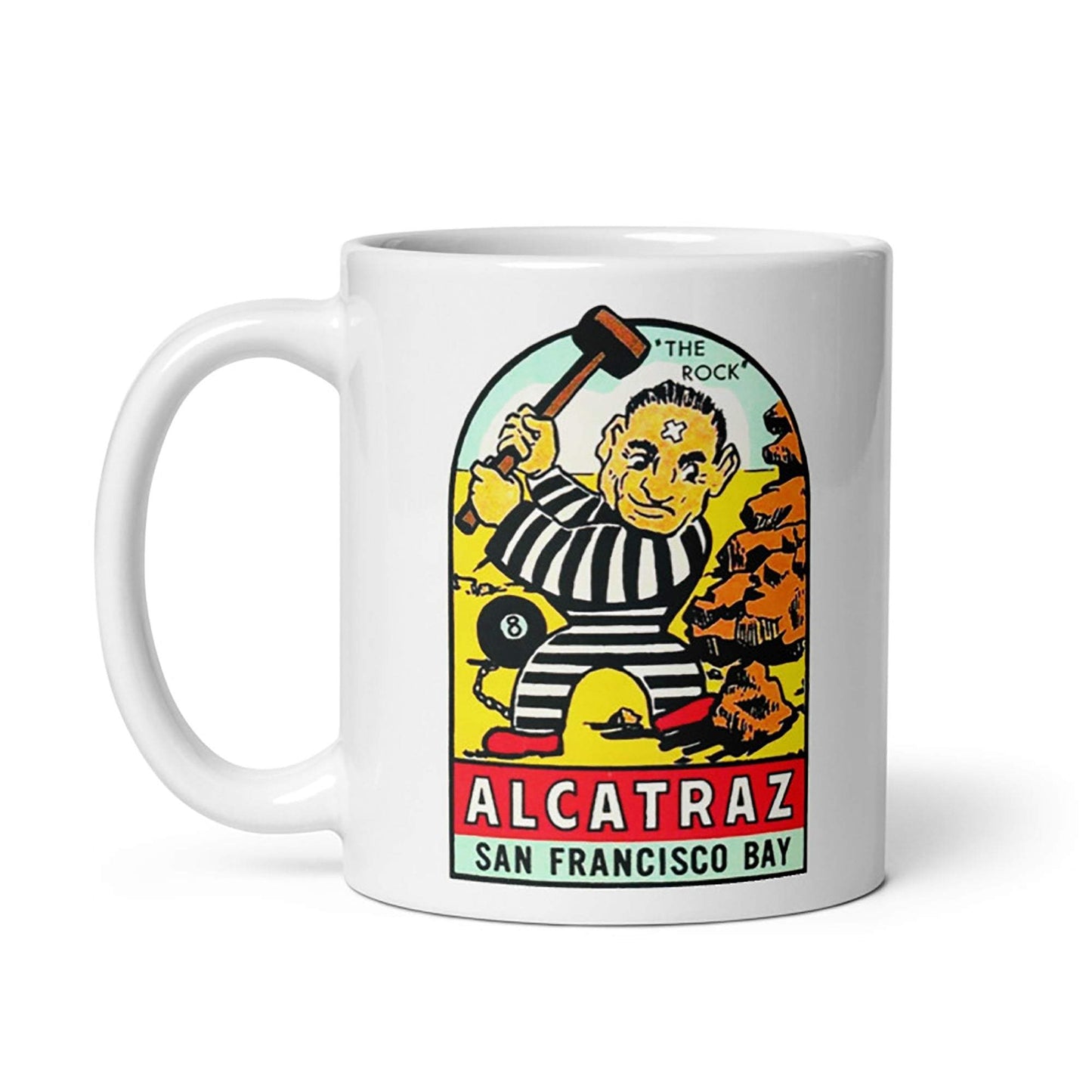 Vintage-inspired Alcatraz Federal Penn cream ceramic mug with cartoon design.