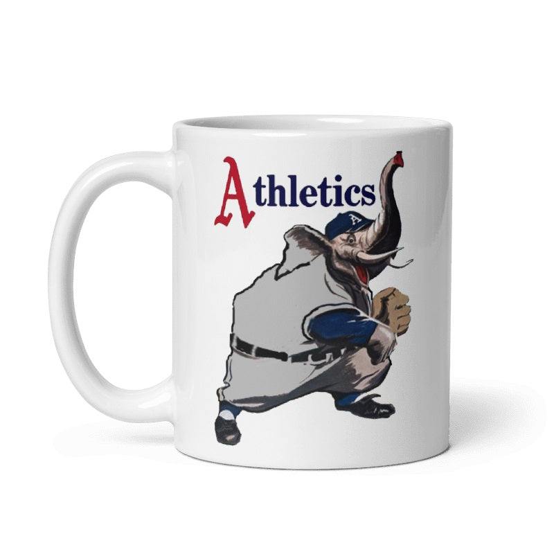 Philadelphia Athletics Play Ball Ceramic Mug with vintage design, available in 11oz and 15oz, cream color, microwave and dishwasher safe.
