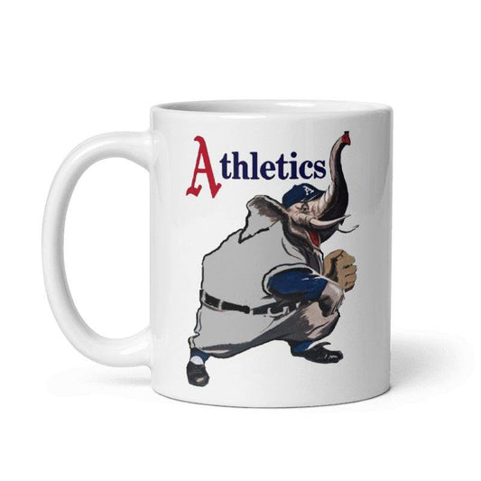 Philadelphia Athletics Play Ball Ceramic Mug with vintage design, available in 11oz and 15oz, cream color, microwave and dishwasher safe.