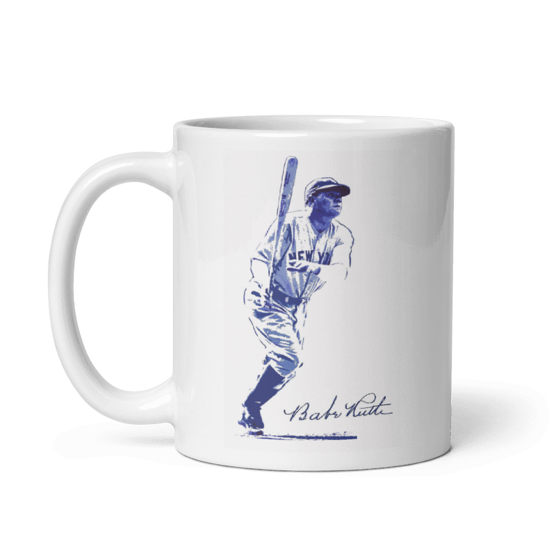 Babe Ruth Signature Mug, cream ceramic, featuring baseball icon illustration, available in 11oz and 15oz, microwave and dishwasher safe.