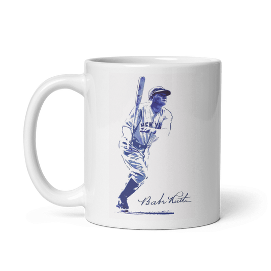 Babe Ruth Signature Mug, cream ceramic, featuring baseball icon illustration, available in 11oz and 15oz, microwave and dishwasher safe.