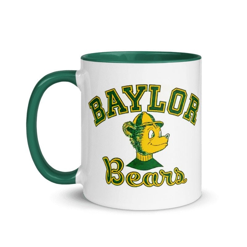 Baylor Vintage Mascot ceramic mug with green handle and logo on cream background.