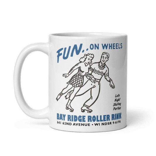 Cream ceramic mug featuring vintage Bay Ridge Roller Rink design with skaters, available in 11oz and 15oz sizes.