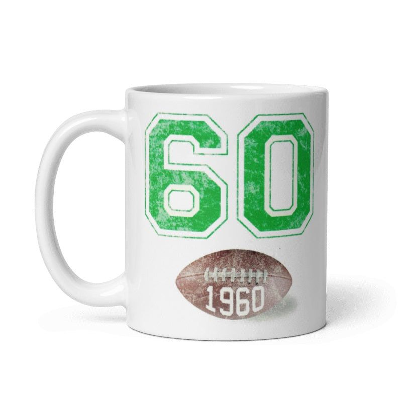 Cholly Bednarik Eagles Legend Mug, featuring number 60 and football design; ceramic, cream color, 11oz and 15oz sizes, microwave and dishwasher safe.