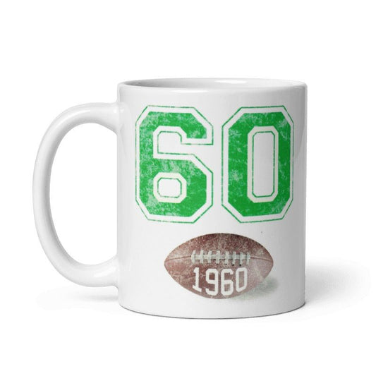 Cholly Bednarik Eagles Legend Mug, featuring number 60 and football design; ceramic, cream color, 11oz and 15oz sizes, microwave and dishwasher safe.