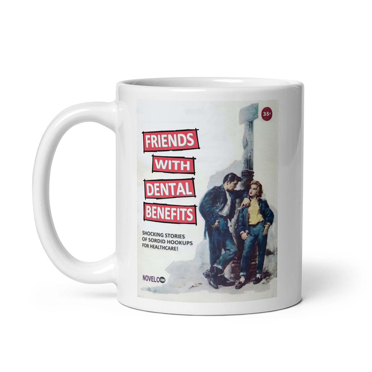 Vintage pulp fiction-inspired ceramic mug with "Friends With Dental Benefits" text, cream color, available in 11 and 15 oz sizes.