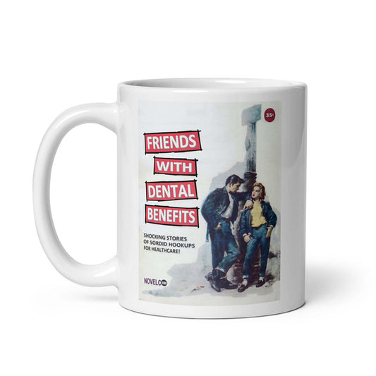 Vintage pulp fiction-inspired ceramic mug with "Friends With Dental Benefits" text, cream color, available in 11 and 15 oz sizes.