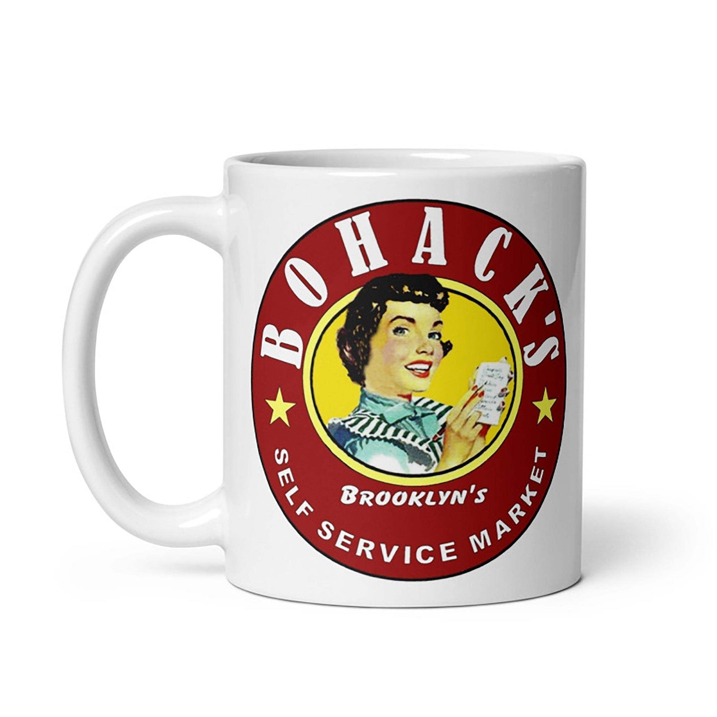 Bohack's Brooklyn Market ceramic mug with retro design, cream color, 11 or 15-ounce, microwave and dishwasher safe.