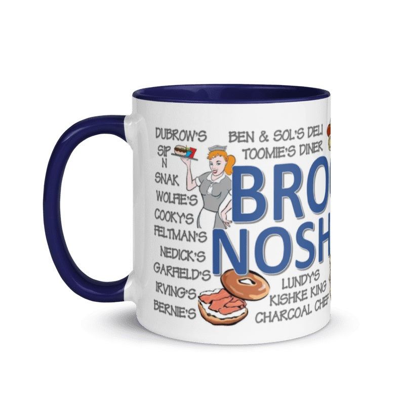 Brooklyn Noshstalgia Ceramic Mug featuring classic fast feeder names, 11oz, cream and blue, dishwasher and microwave safe.