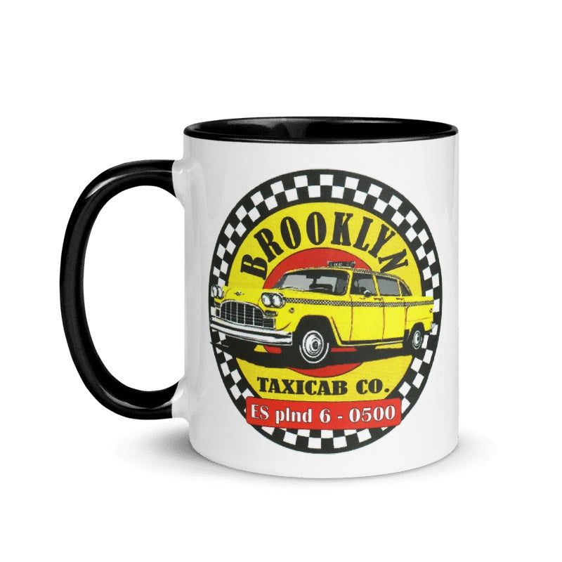 Vintage Brooklyn Taxi Mug with cream and black Checker cab design.