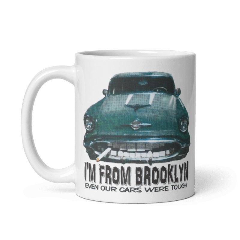 Vintage Brooklyn Tough ceramic mug with classic car design, cream color, available in 11oz and 15oz, microwave and dishwasher safe.