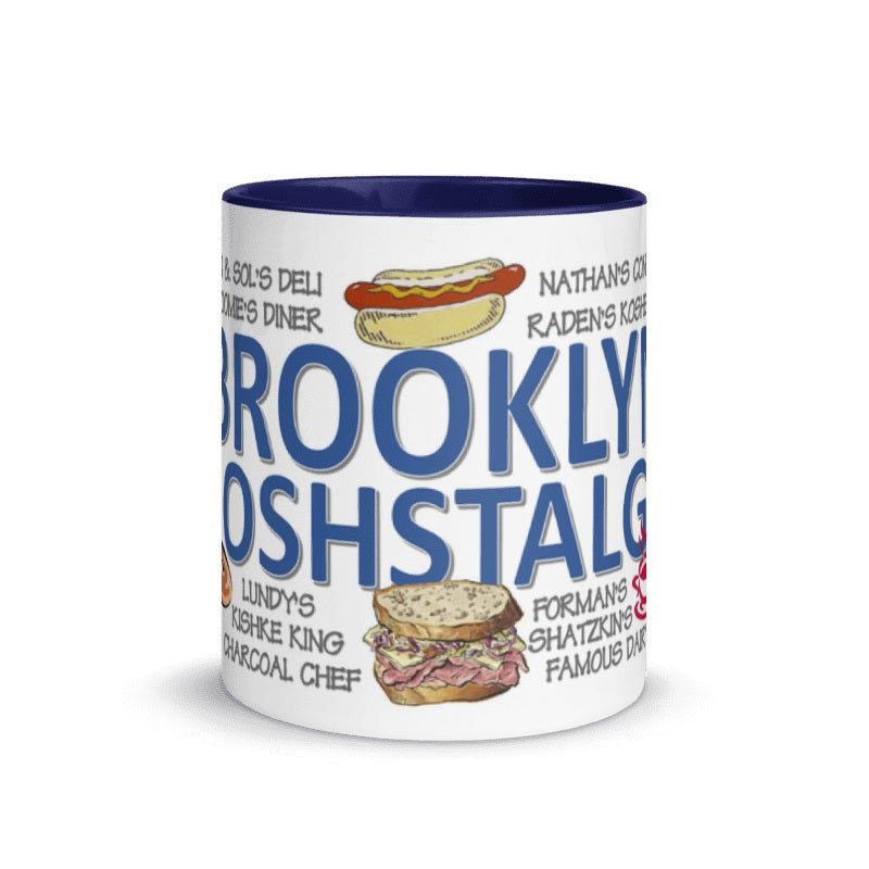 Brooklyn Noshstalgia Ceramic Mug featuring classic Brooklyn eateries, 11oz, cream and blue.