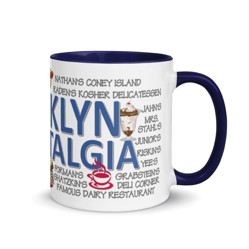 Brooklyn Noshstalgia Ceramic Mug with vintage diner names, cream and blue, 11oz, microwave and dishwasher safe.