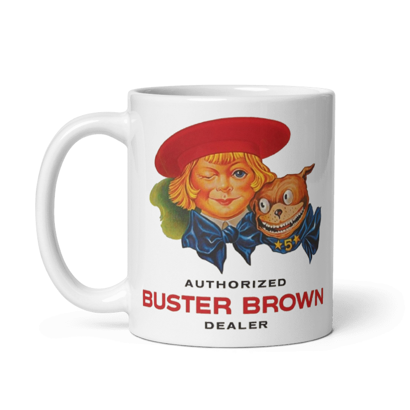 Buster Brown Ceramic Mug featuring vintage design, cream color, available in 11oz and 15oz, microwave and dishwasher safe.