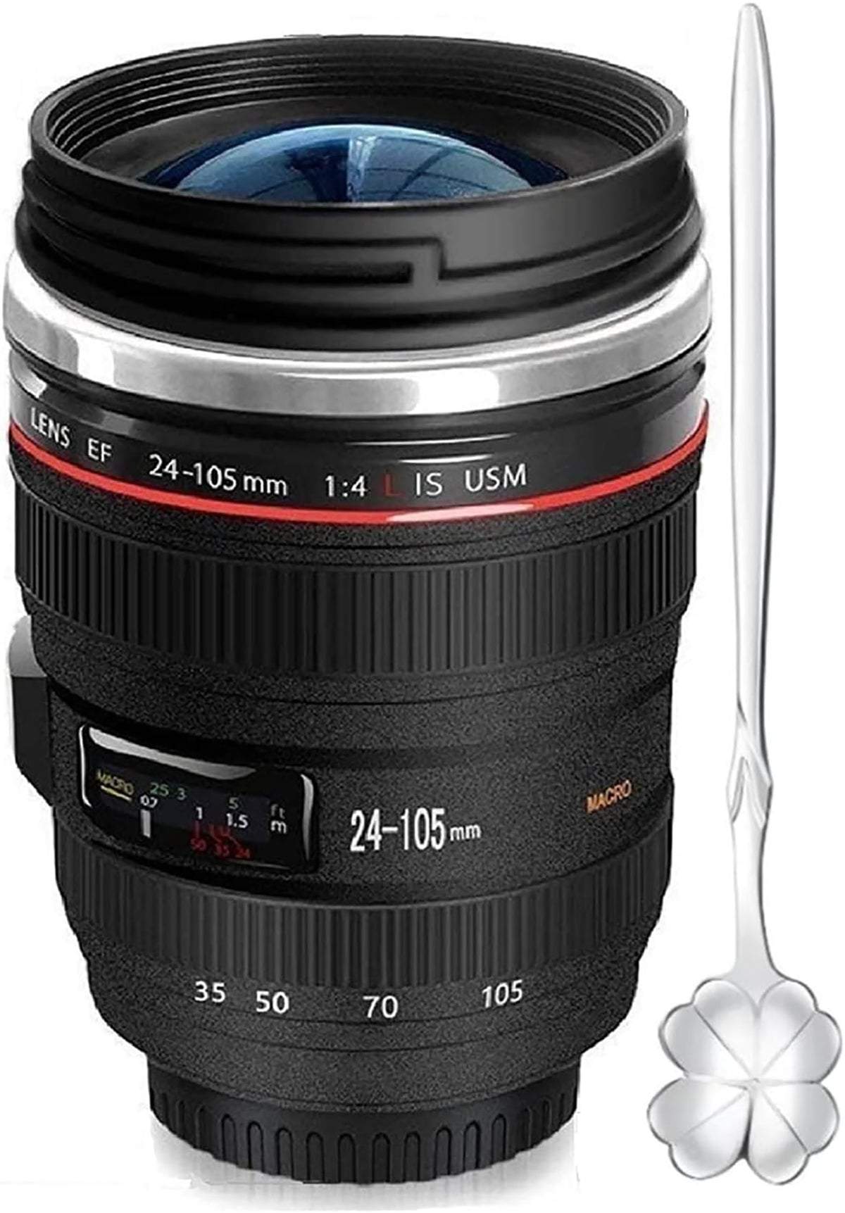 Faux Photo Lens Thermos Mug with Spoon, 13.5oz Travel Cup, Hard Plastic and Steel.