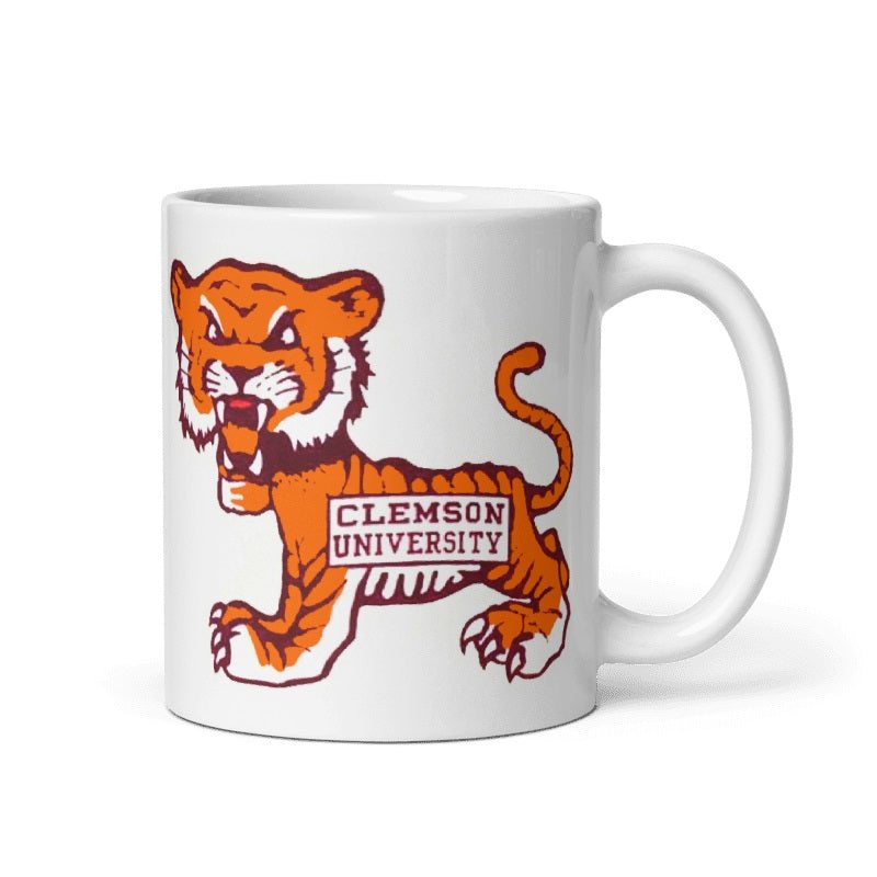 Clemson Tigers Old Skool ceramic mug with vintage design, cream color, available in 11 and 15 oz sizes, microwave and dishwasher safe.