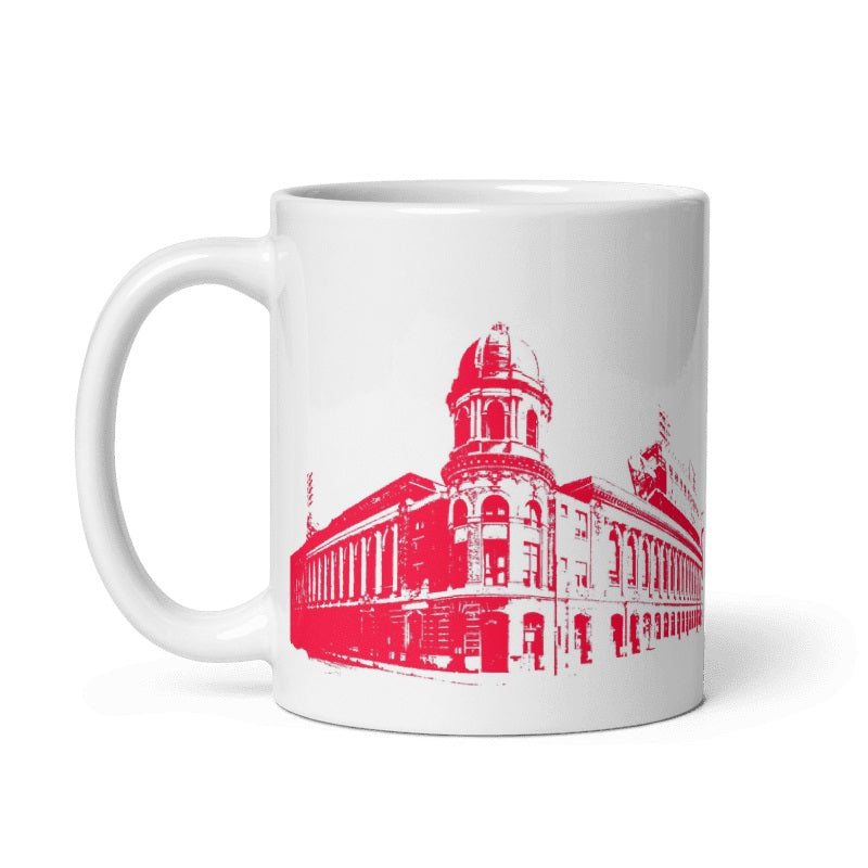 Vintage Connie Mack Stadium ceramic mug with iconic graphic, 11oz or 15oz, cream color.