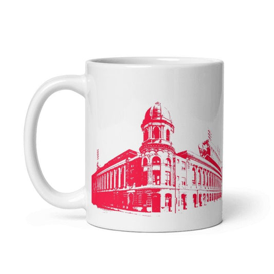 Vintage Connie Mack Stadium ceramic mug with iconic graphic, 11oz or 15oz, cream color.