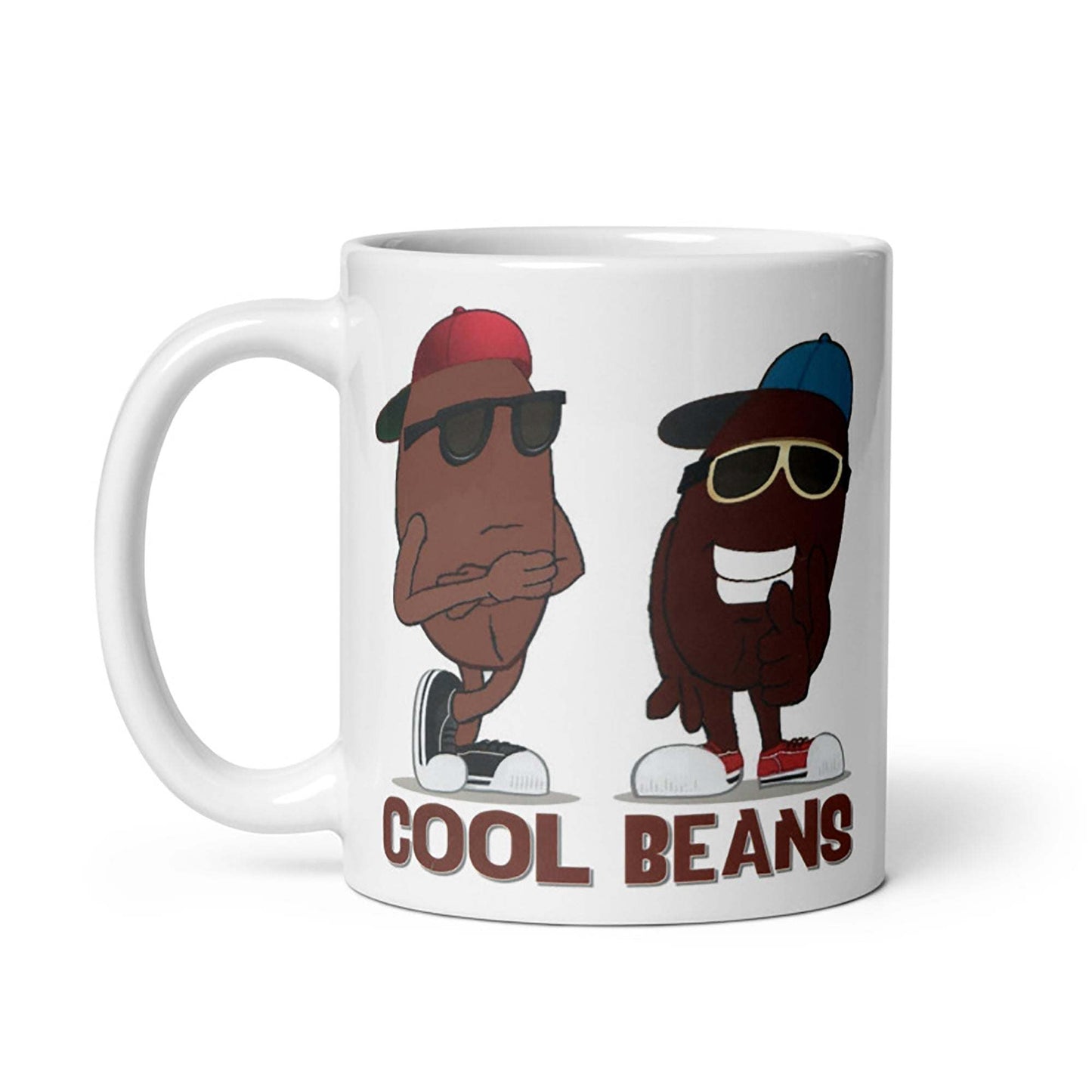 Cream ceramic mug with Cool Beans characters, available in 11oz and 15oz sizes, microwave and dishwasher safe.