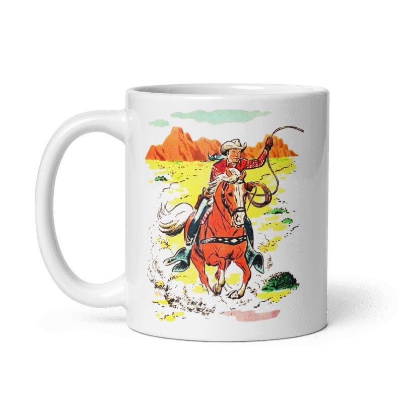 Vintage Cowboy Wild West ceramic mug with cowboy riding horse illustration, cream color.