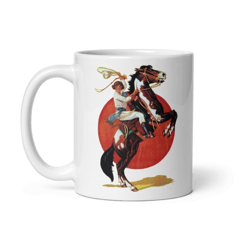 Vintage Cowgirl Mug with wild west artwork, available in 11oz and 15oz, cream color.