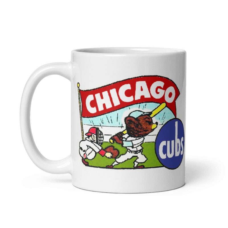 Vintage Chicago Cubbies ceramic mug with baseball design, cream color, 11oz and 15oz available.