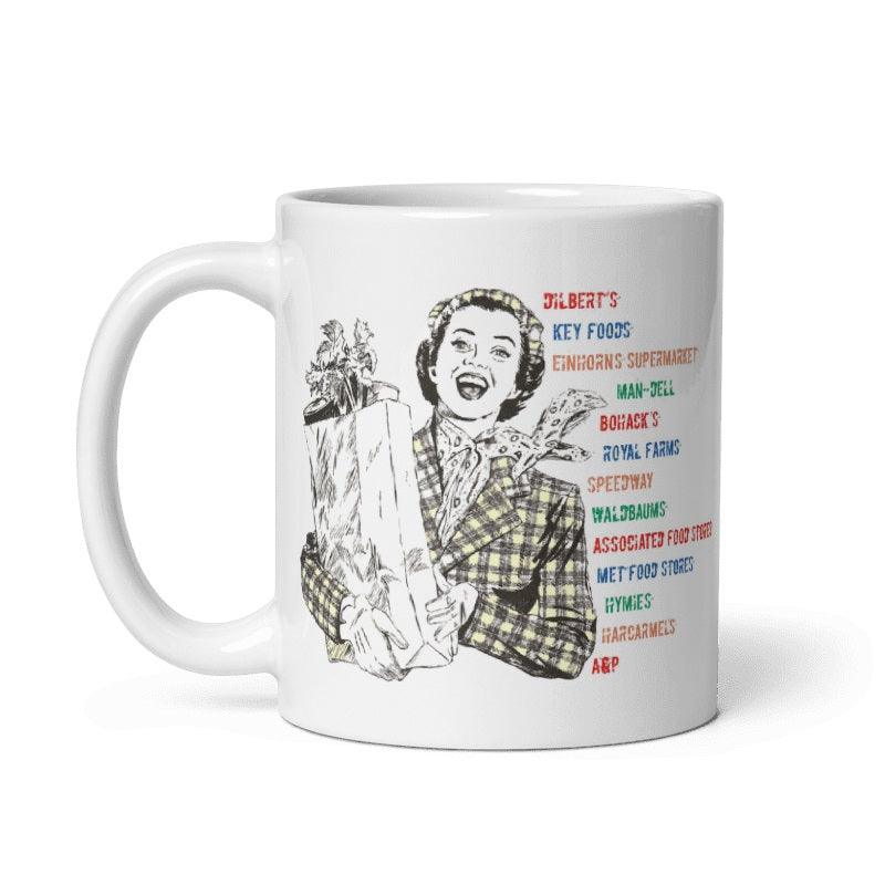 Ceramic mug with vintage design featuring Brooklyn market motifs and grocery names.