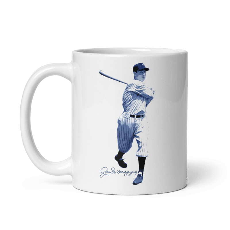 Joe DiMaggio Signature Mug with iconic baseball design, 11oz or 15oz, cream color.
