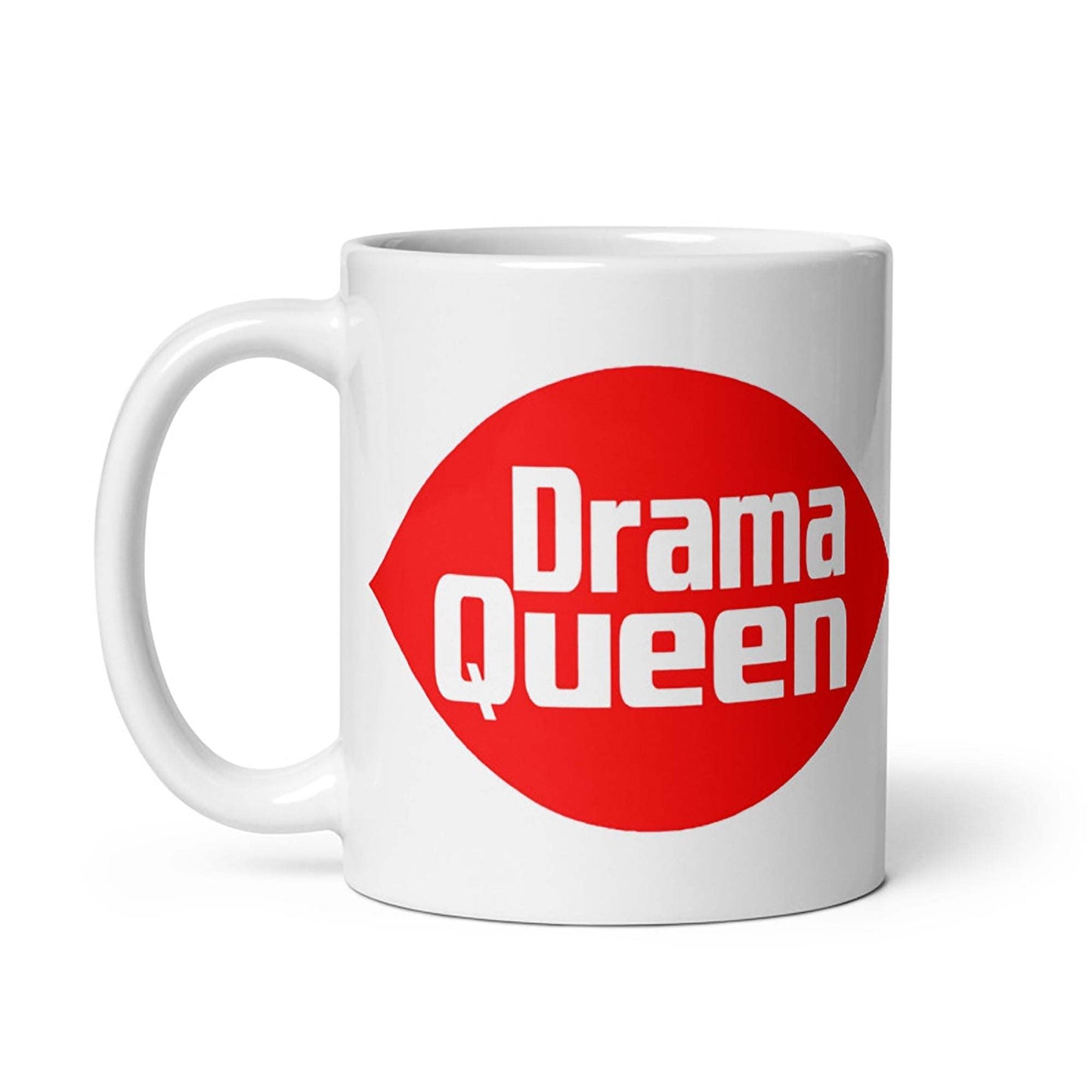 Ceramic cream mug with "Drama Queen" in a red circle, available in 11oz and 15oz sizes.