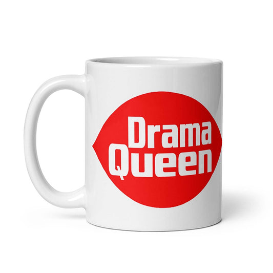 Ceramic cream mug with "Drama Queen" in a red circle, available in 11oz and 15oz sizes.