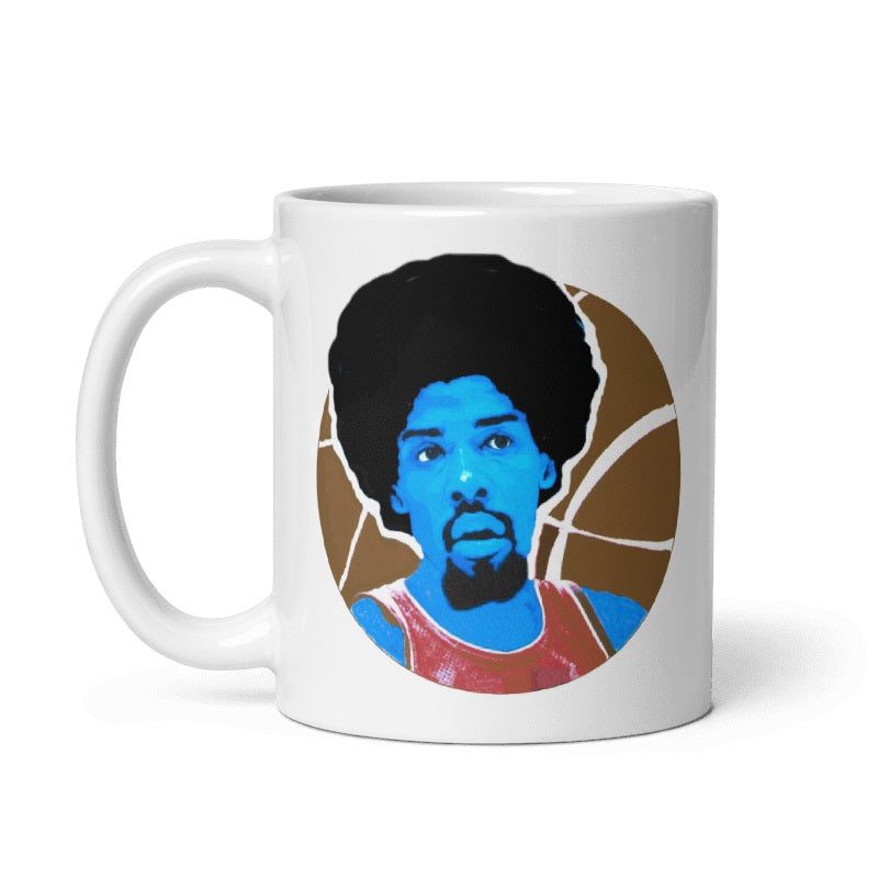Cream-colored Dr J Basketball Mug with iconic graphic design; available in 11oz and 15oz, microwave and dishwasher safe.