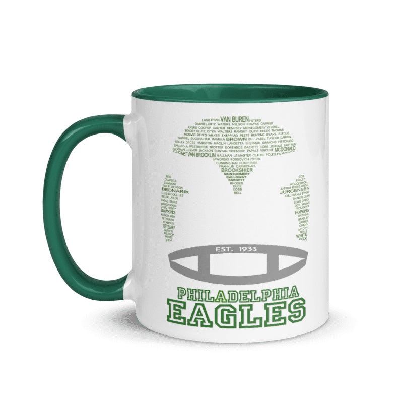 Philadelphia Eagles Legends ceramic mug with names of iconic players, cream and Eagles green design.